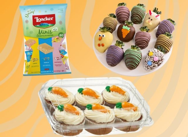 loacker spring minis, costco carrot mini cakes, and easter-themed chocolate covered strawberries on an orange designed background