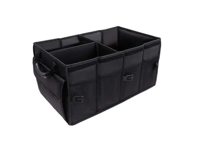 a black trunk organizer on a white background.