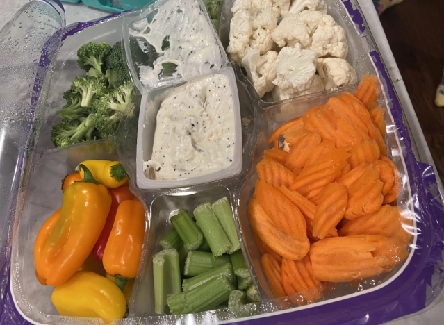 costco vegetable platter with ranch dip.