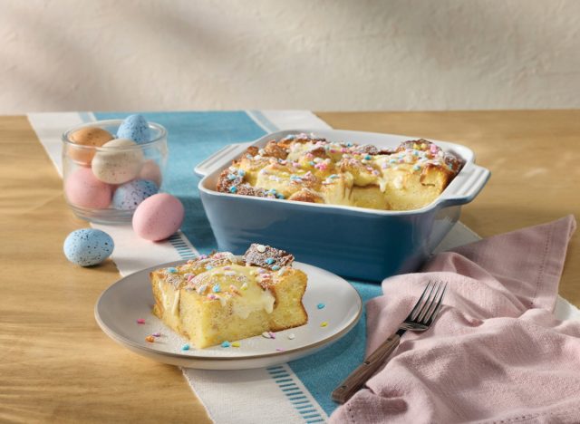 cracker barrel's heat n' serve french toast bake next to colorful easter eggs