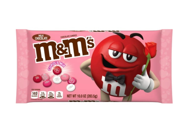 a bag of cupid's blend m & m's on a white background.