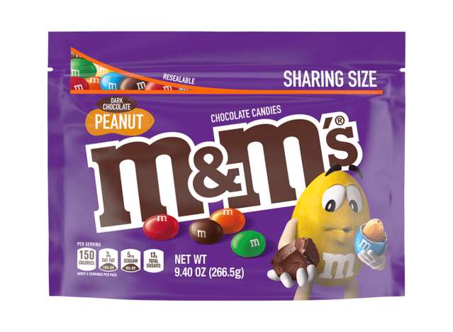 a bag of dark chocolate peanut m & m's on a white background.