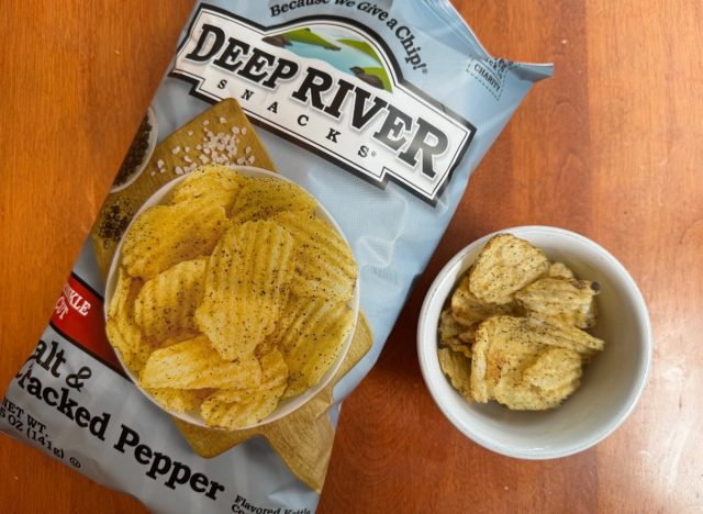 deep river chips in a bag and a bowl on a table. 