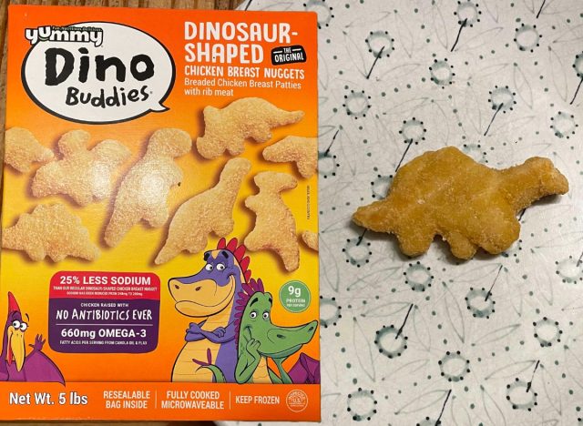 dino buddies nuggets box next to nugget on a plate.