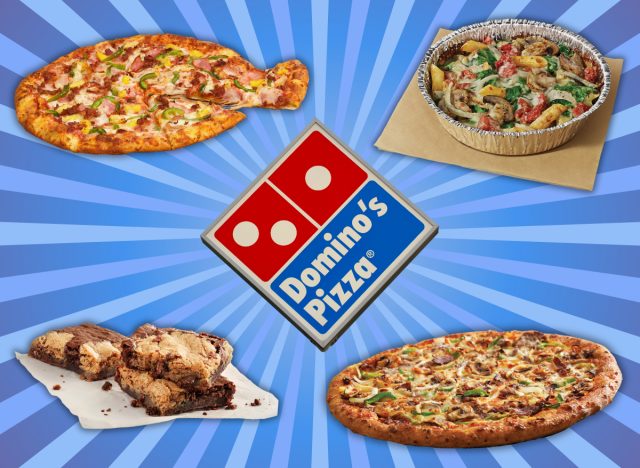 a collage of pizza pasta and brownies around a dominos sign on a designed background