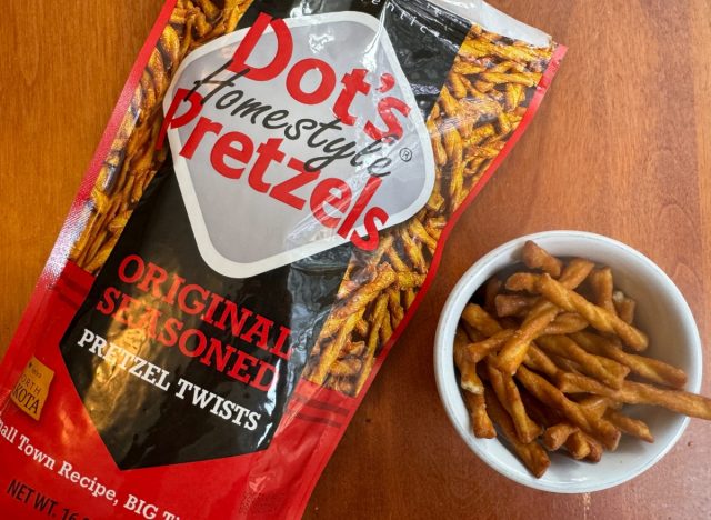 dots pretzels in a bag and a small bowl.