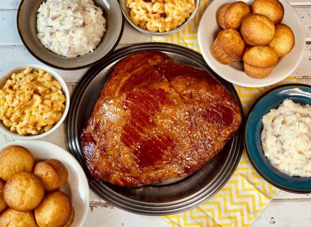famous dave's easter meal with ham, corn bread muffins, mac and cheese, and mashed potatoes