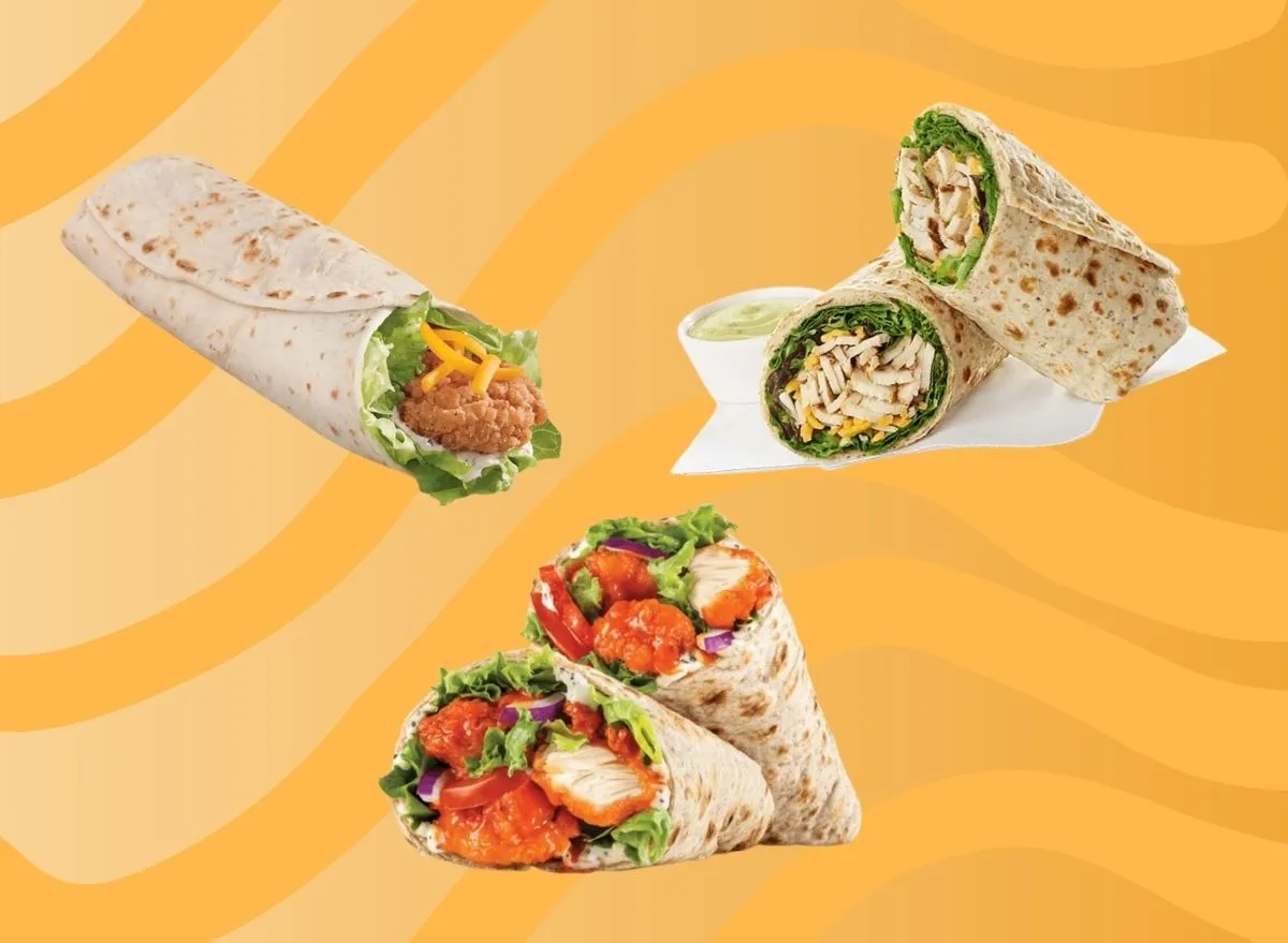 three fast-food wraps on an orange background