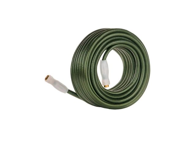 a green garden hose on a white background.