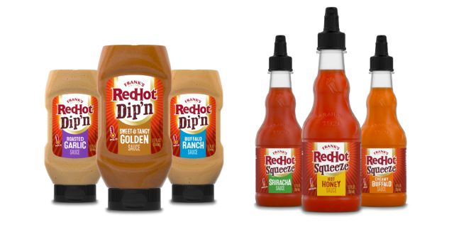 bottles of frank's redhot dip'n sauces and squeeze sauces