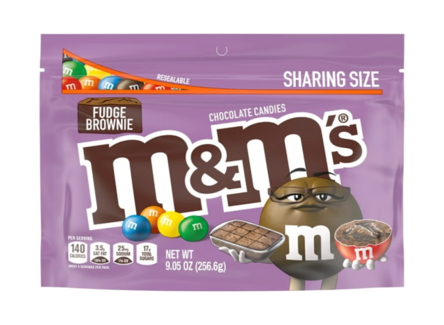 a bag of fudge brownie m & m's on a white background.