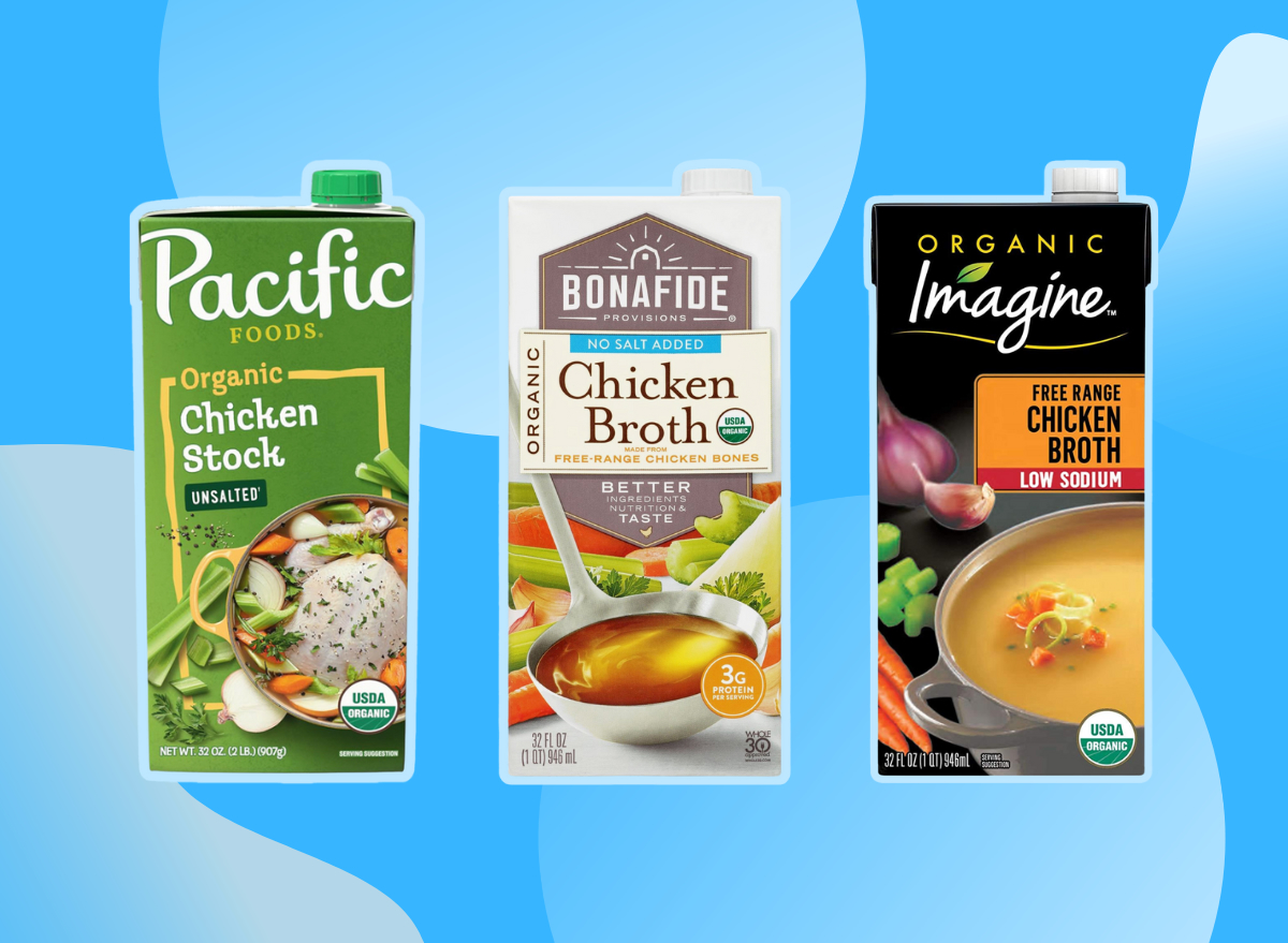 collage of healthy chicken stocks and broths on a designed background
