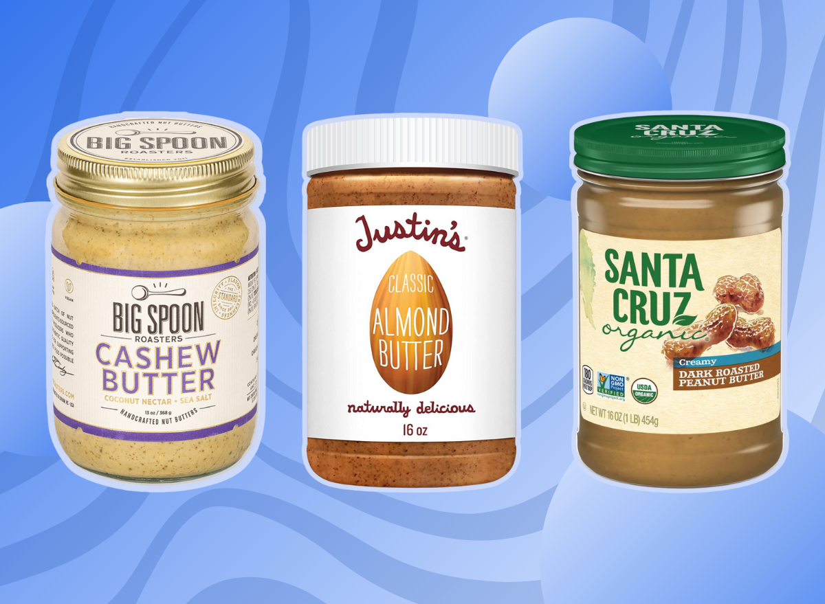 collage of healthy nut butters on designed background
