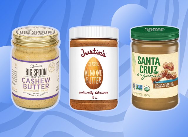 collage of healthy nut butters on designed background