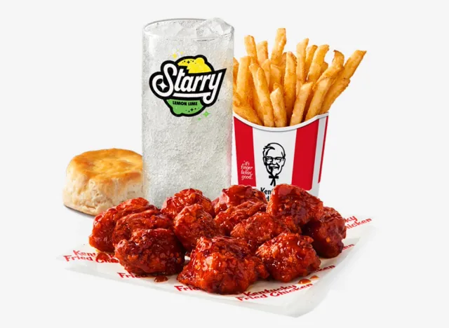KFC Saucy Nuggets, fries, biscuit, and glass of Starry soda