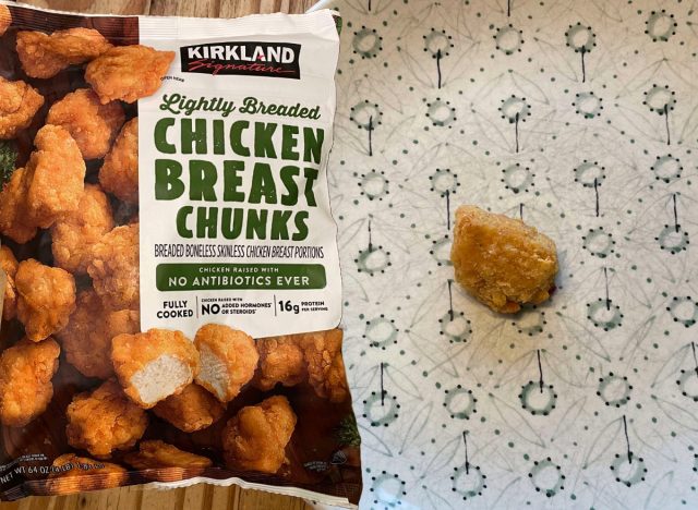 kirkland nuggets bag next to nugget on a plate.