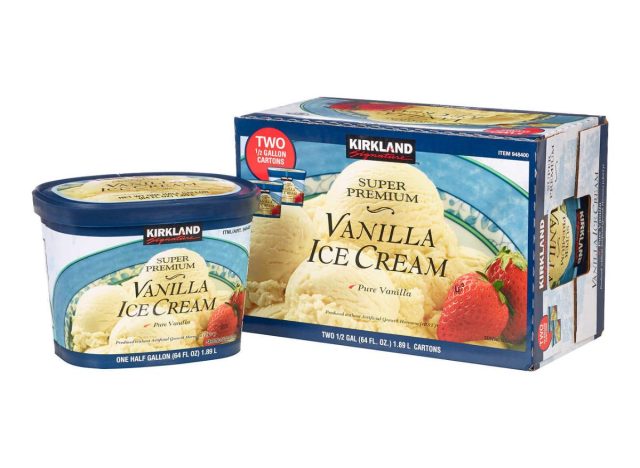 half-gallon container and box of of kirkland signature super premium vanilla ice cream
