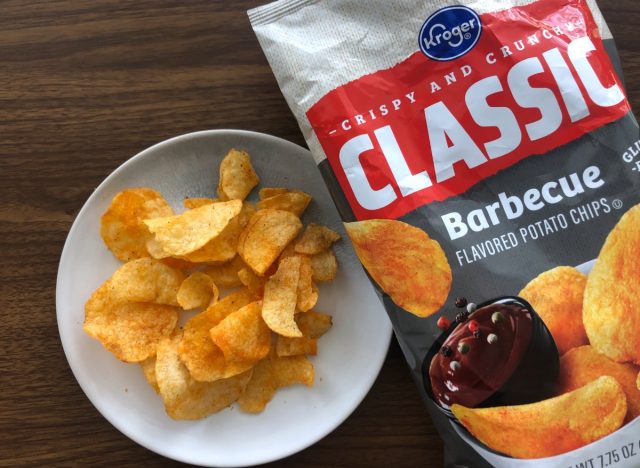 kroger bbq chips in a bag and on a plate.