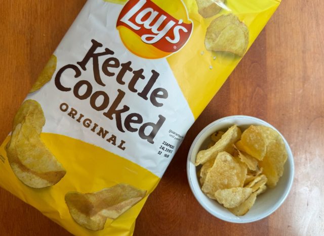 lays kettle cooked chips in a bag and a bowl.