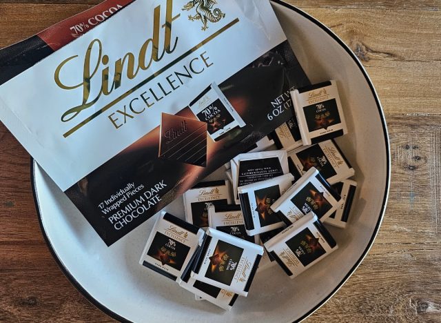 lindt dark chocolates on a plate with a bag.