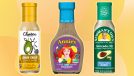collage of three low sugar salad dressing bottles on a designed background