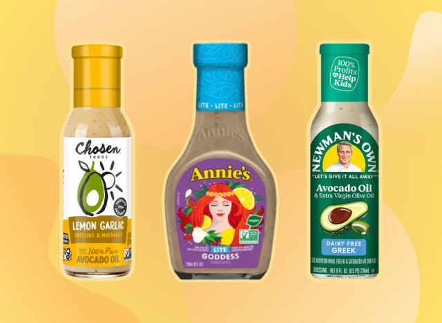 collage of three low sugar salad dressing bottles on a designed background