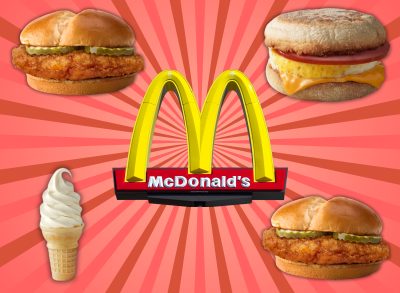 collage of sandwiches and ice cream from mcdonald's around a company logo on a designed background