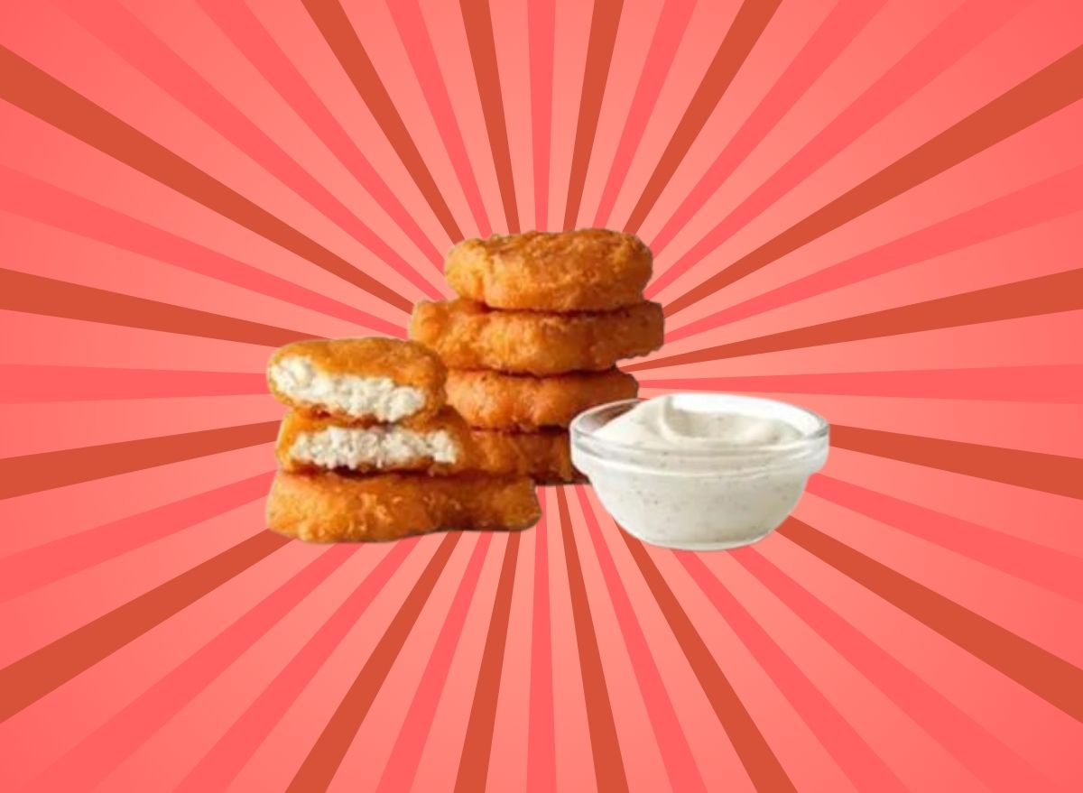 a photo of mcdonald's spicy chicken mcnuggets on a designed red pinwheel background