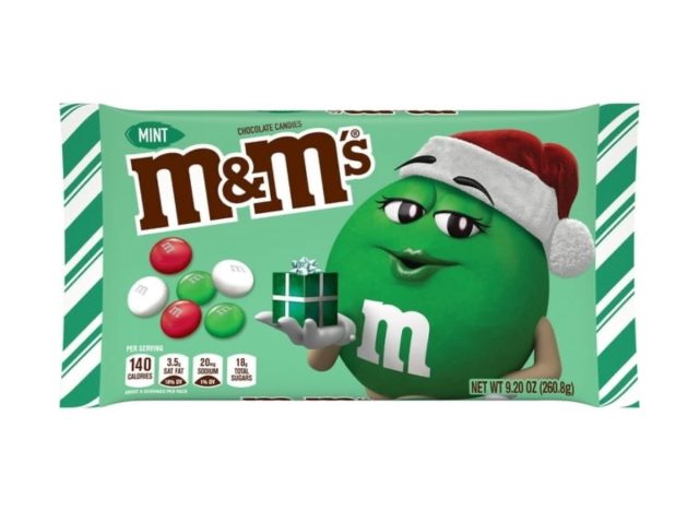 a bag of holiday mint m & m's on a white background.