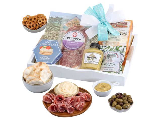 mother's day gift tray with olives, mustard, sopressatta, cheese, and crackers