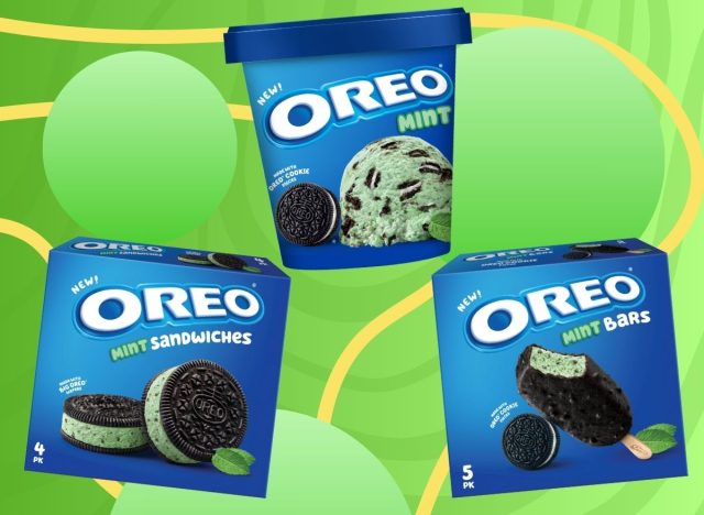 oreo mint frozen treats, including sandwiches, bars, and scoopable tub, on a designed green background