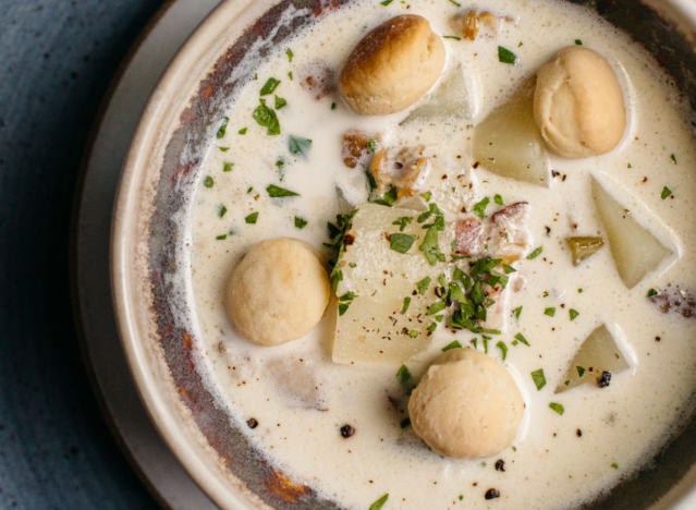 oyster club chowder in bowl.