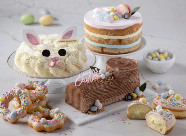paris baguette easter cakes, donuts, and bowl of miniature easter eggs
