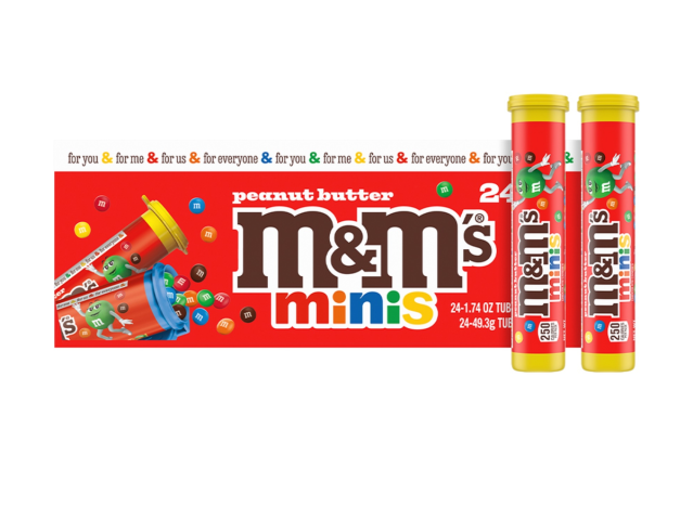 peanut butter m & m minis tubes on a white background.