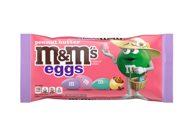a bag of peanut butter pastel egg m & m's on a white background.