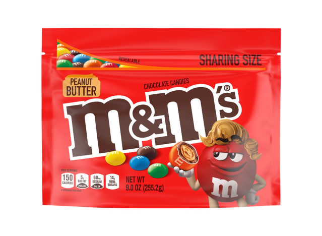 a bag of peanut butter m & m's on a white background.
