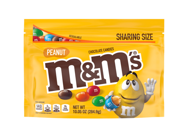 a bag of peanut m & m's on a white background.