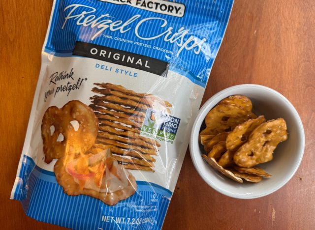snack factory pretzel crips in a bag and a small bowl.