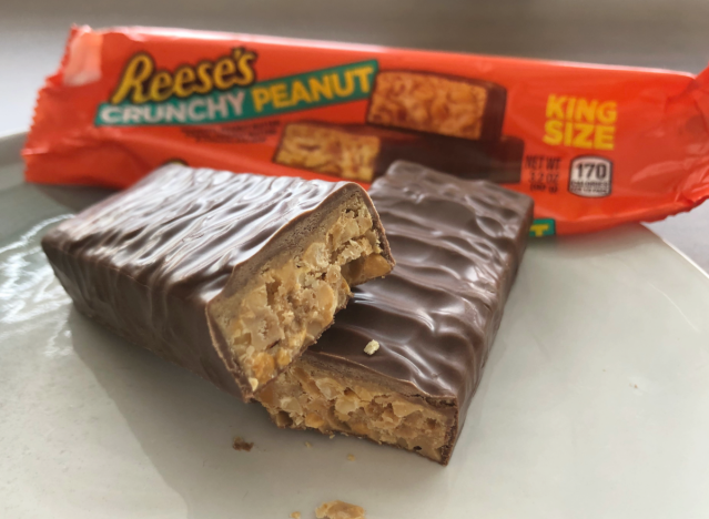 reeses crunchy peanut butter bars broken open.