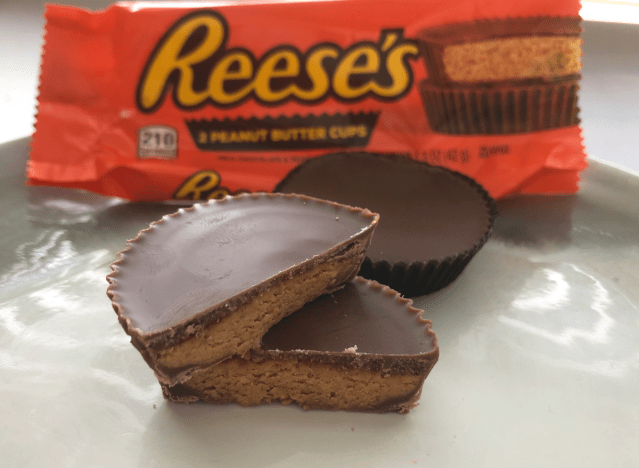 reeses peanut butter cups broken open.