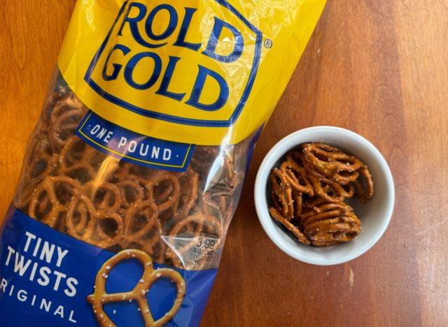 rold gold pretzels in a bag and a bowl.