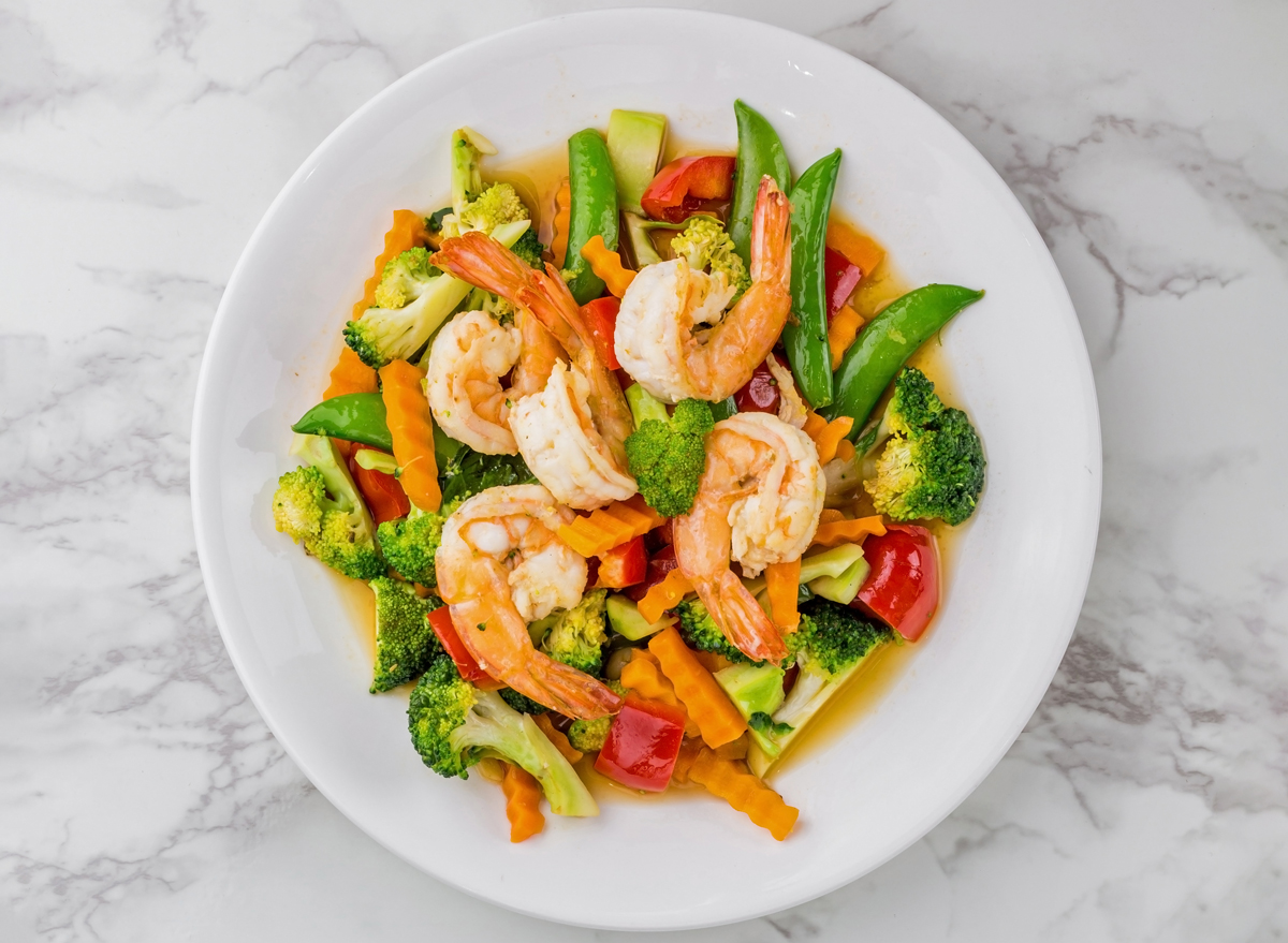 shrimp stir fry with vegetables on a plate