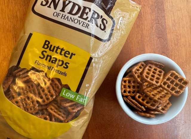 snyders butter snaps in a bag and a small bowl.