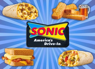 collage of breakfast menu items from sonic on a designed background