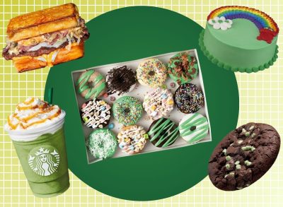 an assortment of green st. patrick's day foods on a festive designed green background