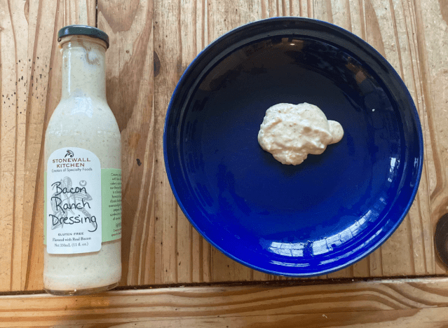 stonewall kitchen ranch bottle and a blue plate.