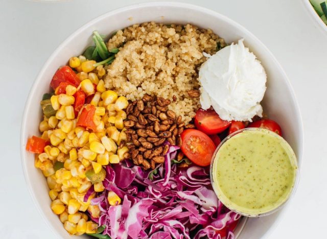sweetgreen elote bowl featuring colorful veggies and quinoa.