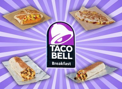 collage of breakfast items from taco bell surrounding a restaurant sign on a designed background