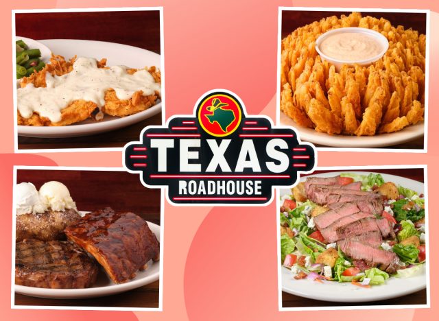 collage of unhealthy menu items from texas roadhouse on a designed background