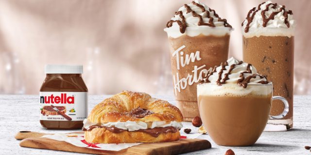 tim hortons spring nutella items, including croissant rilled with nutella and sweet whipped cream and new Nutella coffee drinks